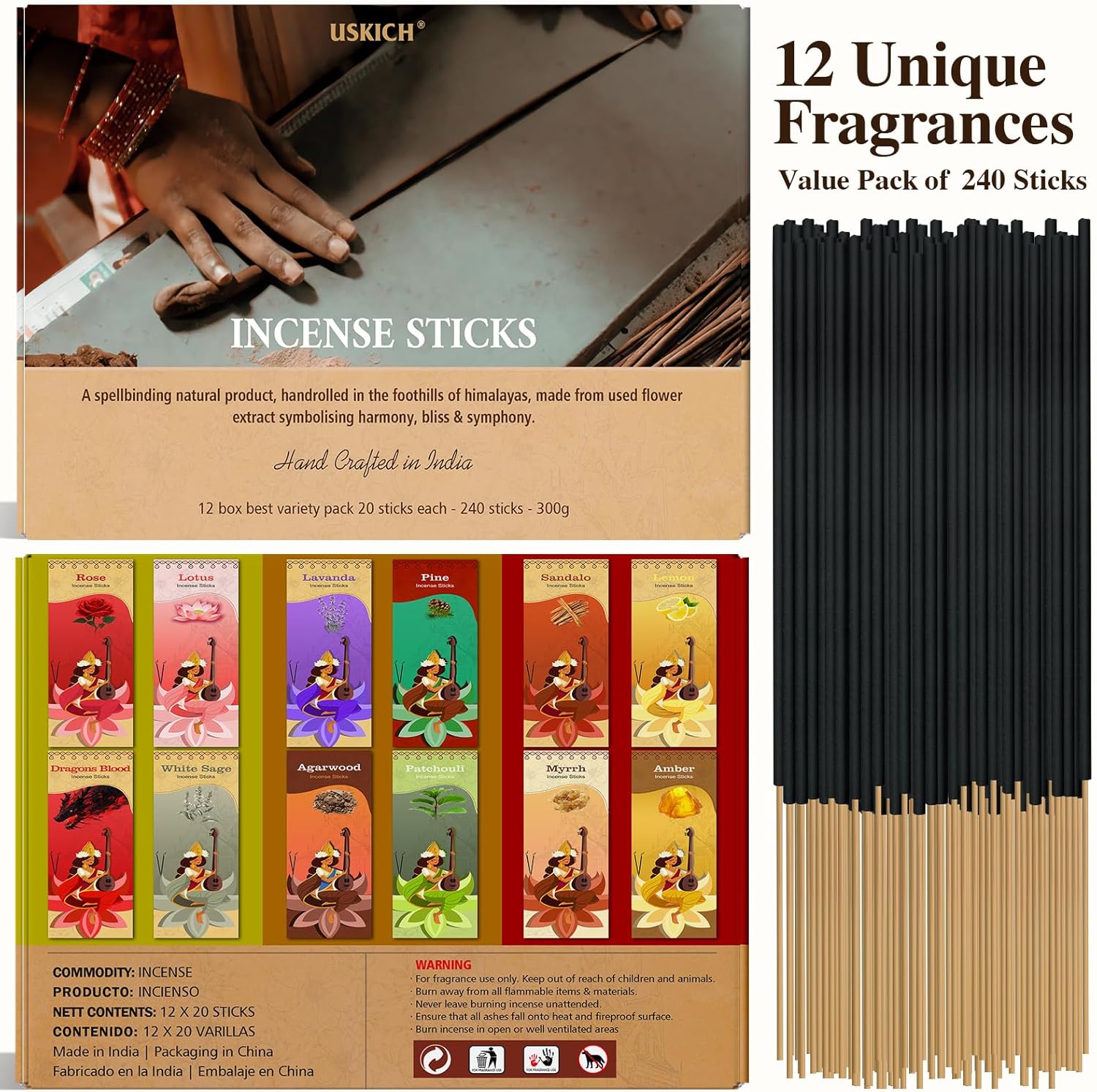 USKICH Incense Sticks Variety Pack 240 Sticks