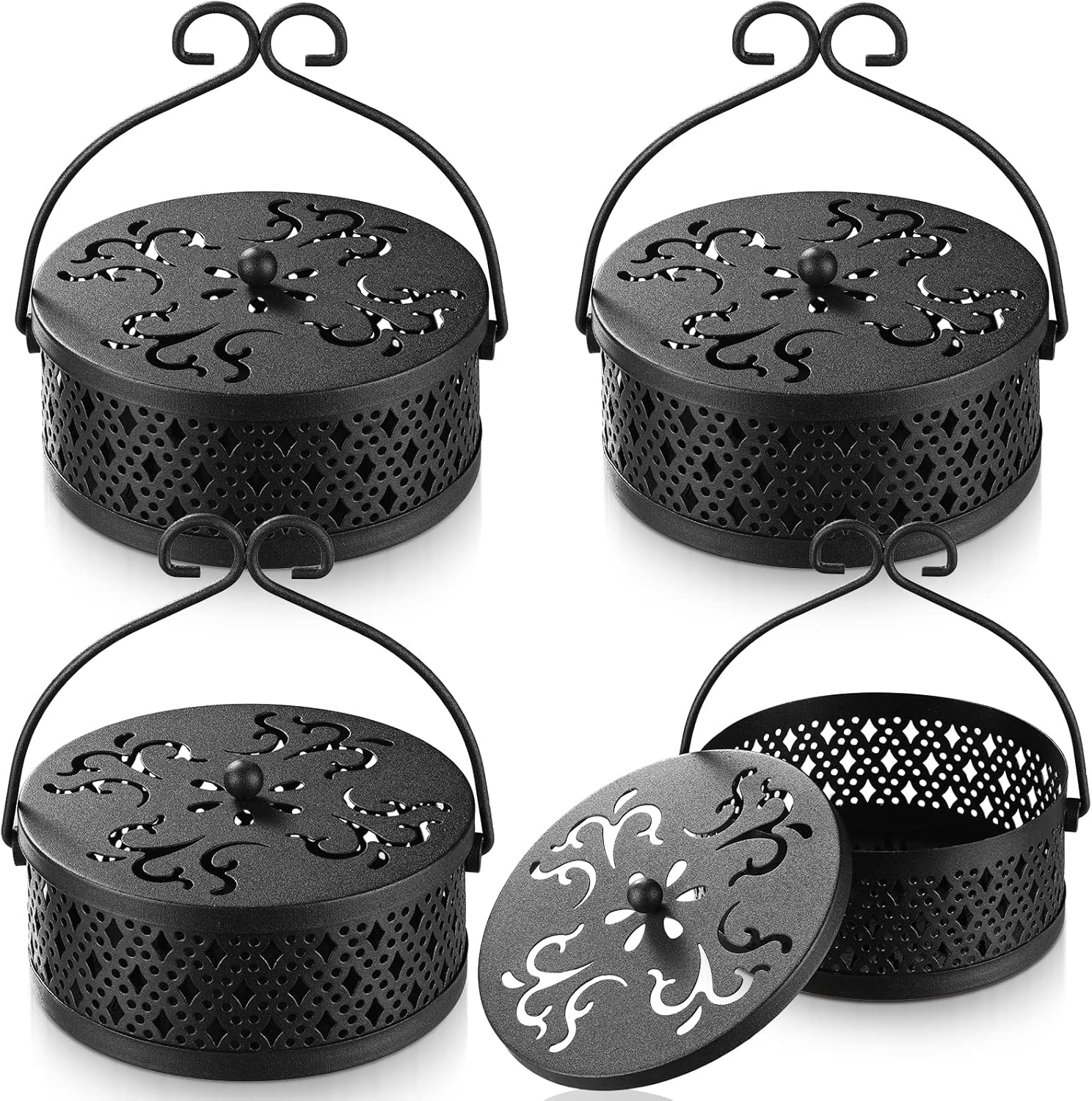 4 Piece Black Metal Incense Holder with Handle