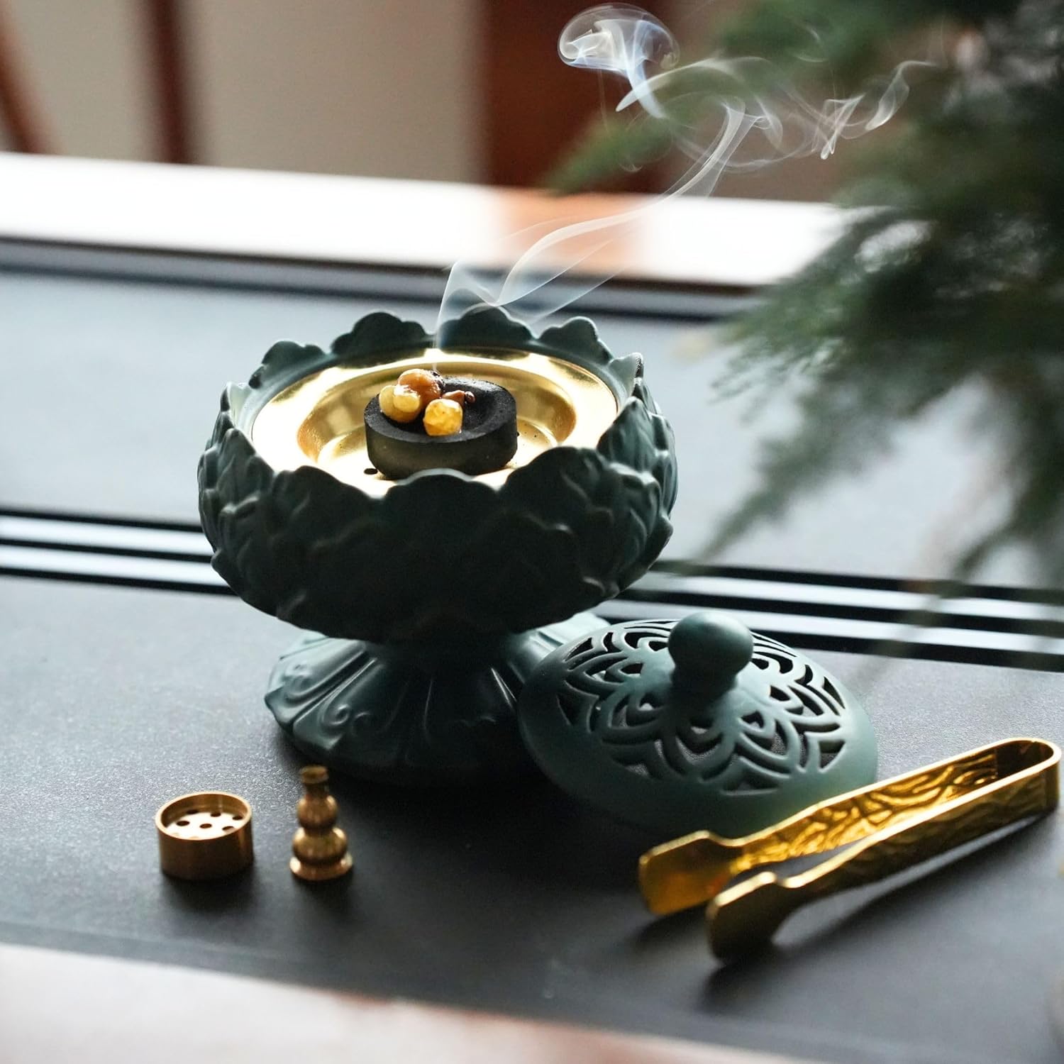 Lotus Shape Ceramic Incense Burner with Tweezers