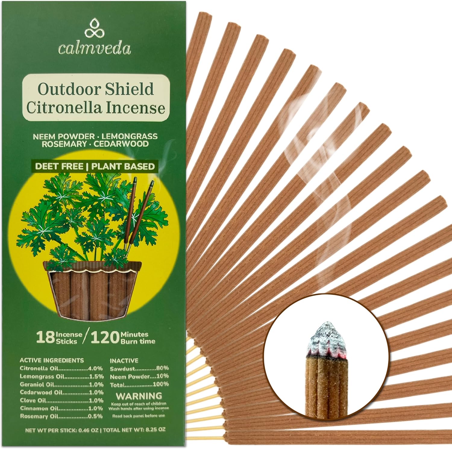Calmveda Natural Citronella Incense Sticks 18 Sticks 40 Hrs Protection
