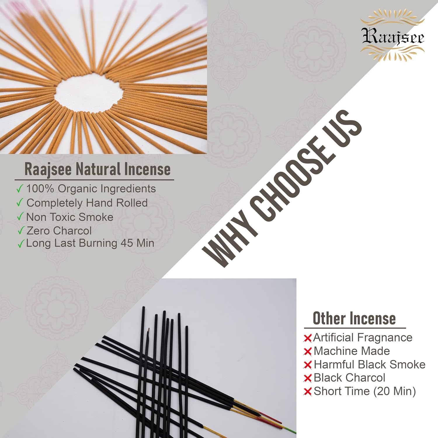 Raajsee Natural Incense Sticks 6 Pack Mixed Scents Gift Set