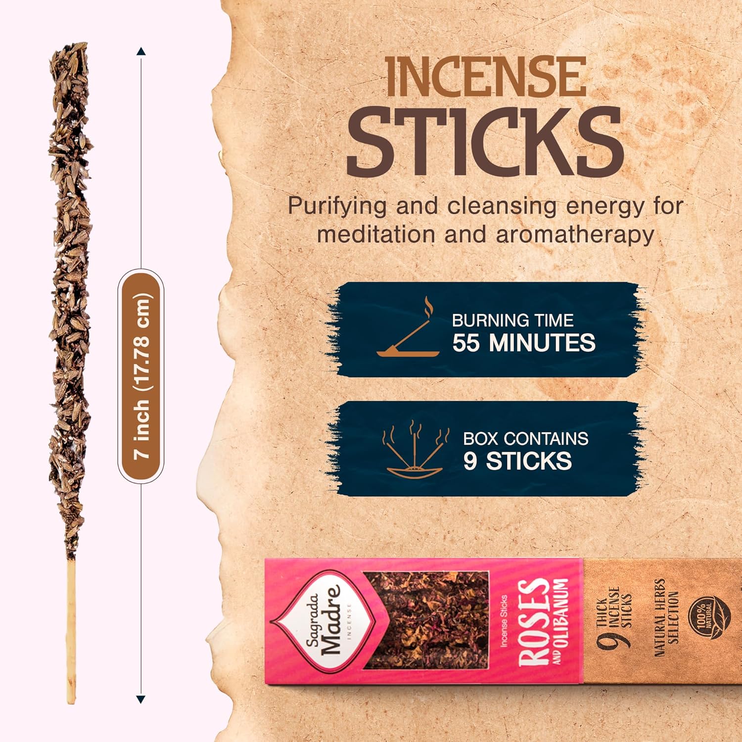 9 Pcs Rose Frankincense Incense Sticks - 7 Long Natural Aromatic