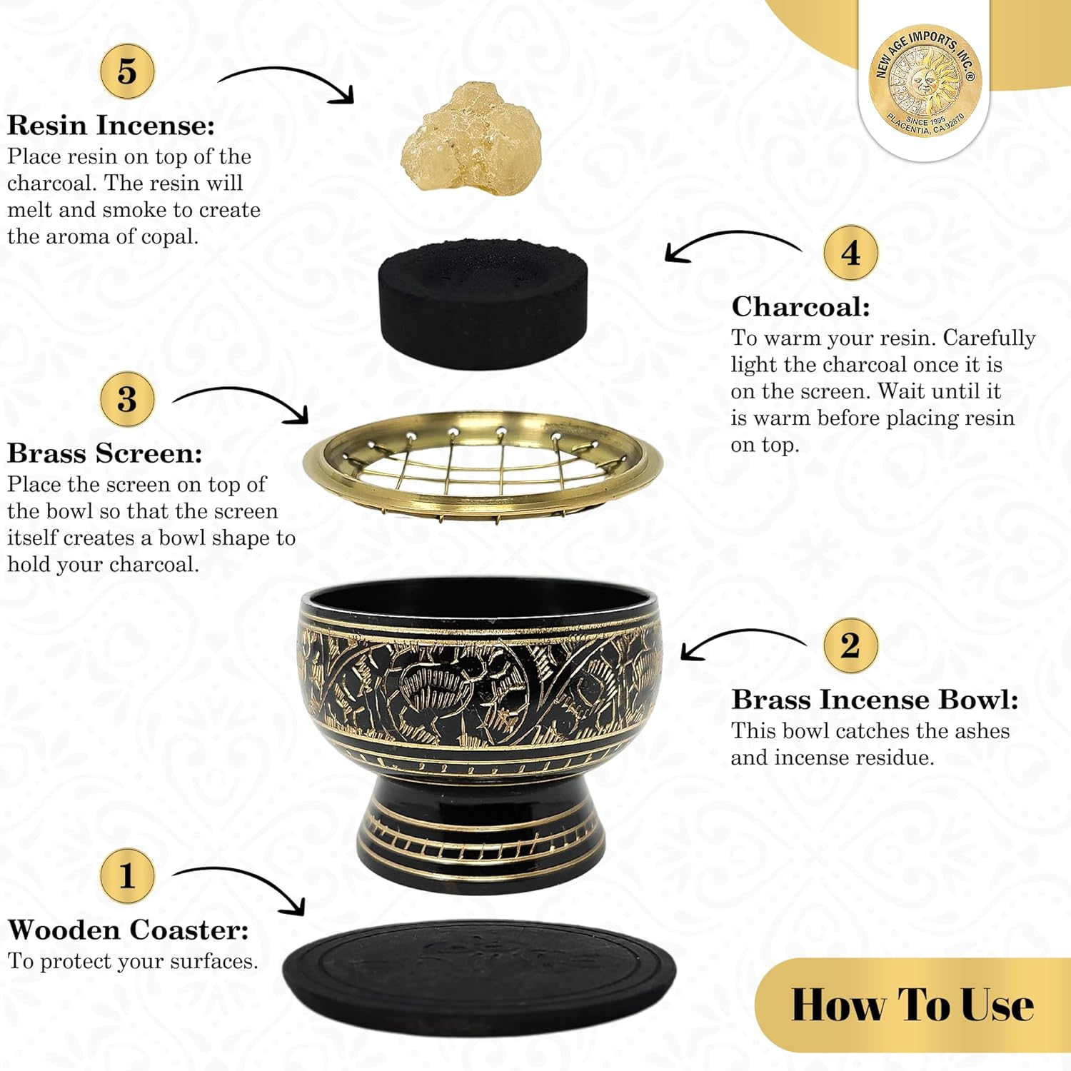 India Small Decorated Brass Incense Burner with Wooden Coaster