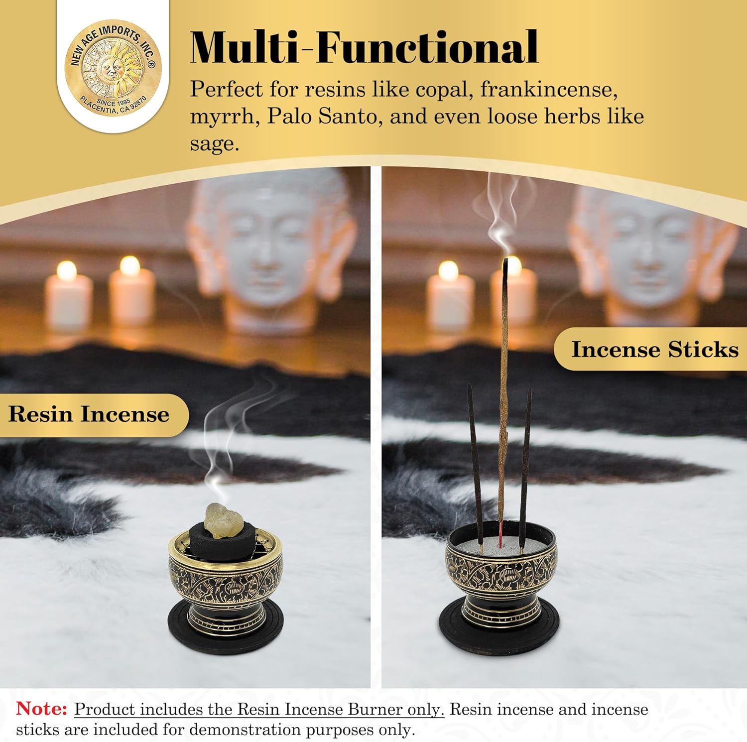 India Small Decorated Brass Incense Burner with Wooden Coaster