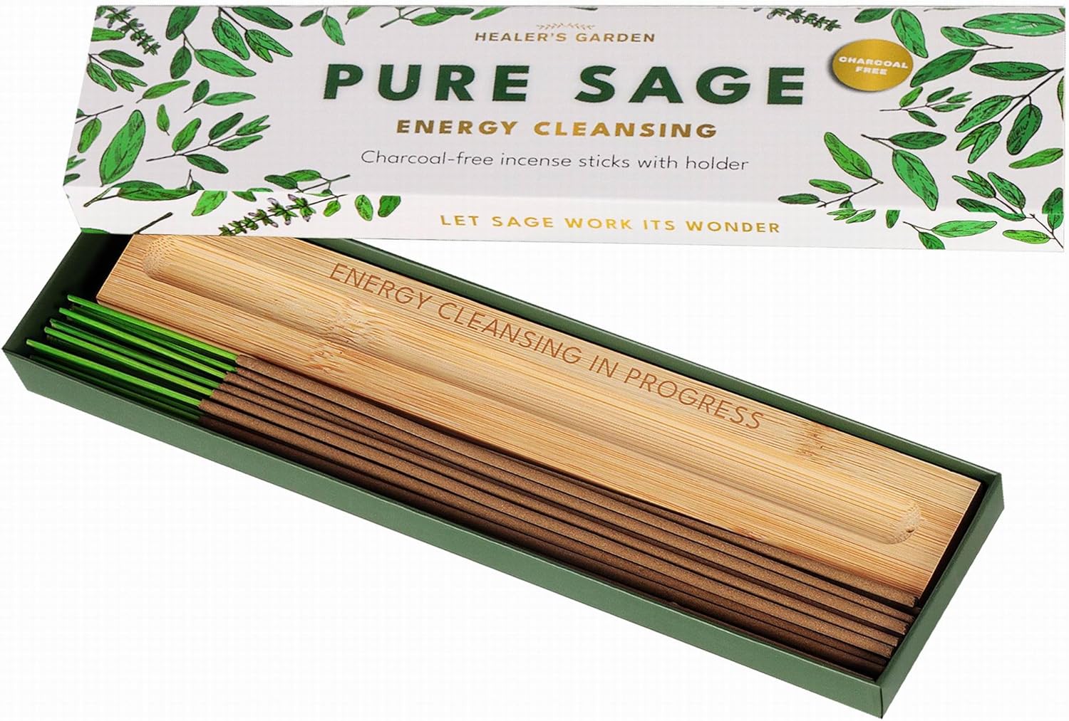 Premium Sage Incense Sticks with Engraved Wood Holder - 30 Sticks Charcoal Free Safe for Energy Cleansing