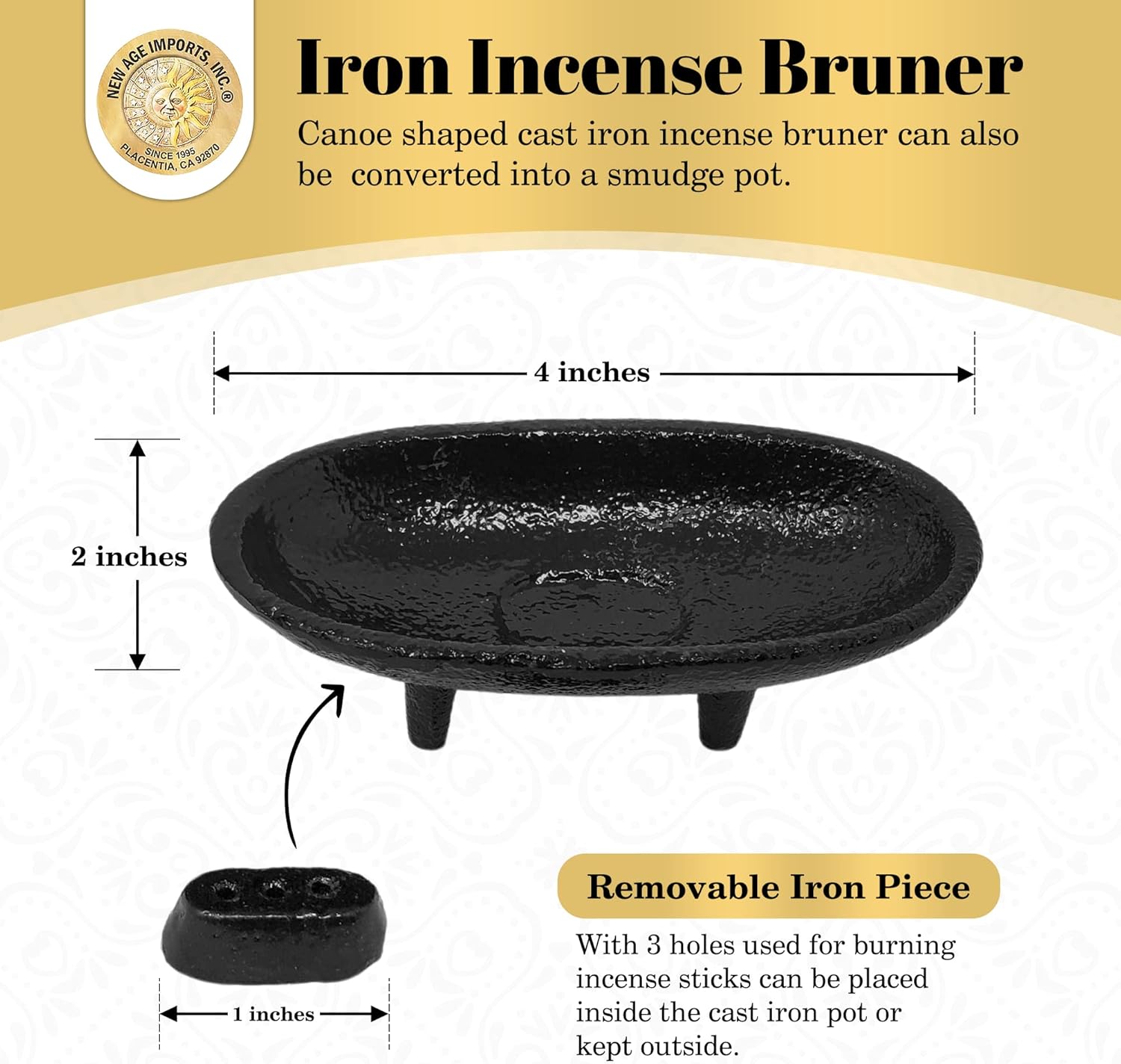 Cast Iron Incense Burner 4 Inch Long 2 Inch High
