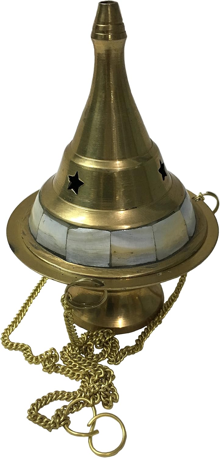 Vrinda Brass Hanging Censer with Pearl Stone Gold Finish 4 Inch High
