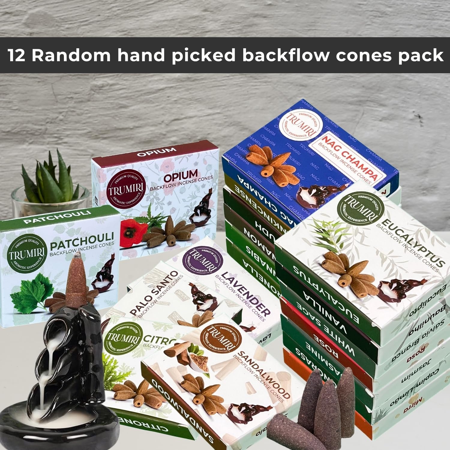 Trumiri Backflow Incense Cones for Waterfall Fountain - 12 Scents - 10 Cones Each - 120 Total