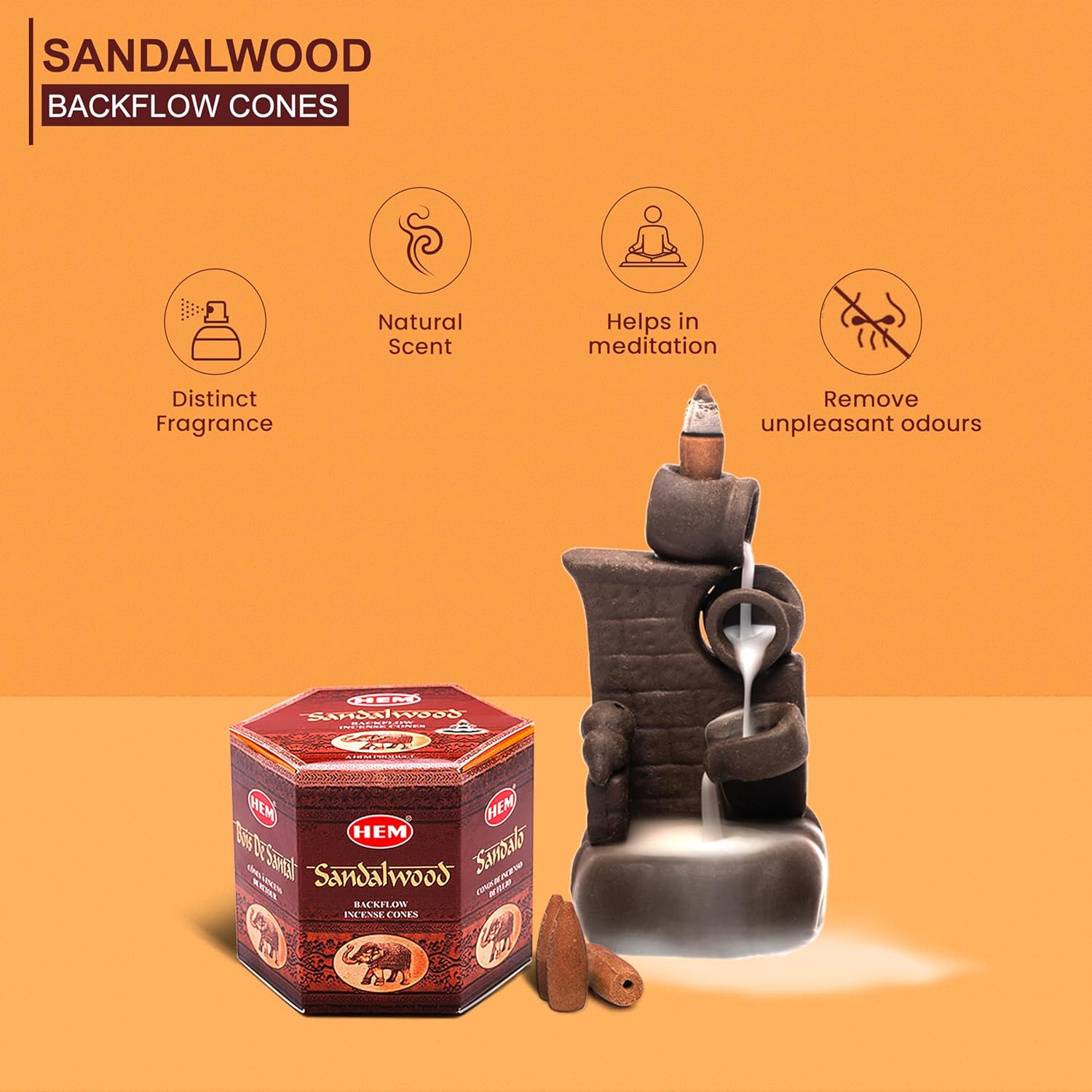 HEM Sandalwood Brown Incense Cones Pack of 40