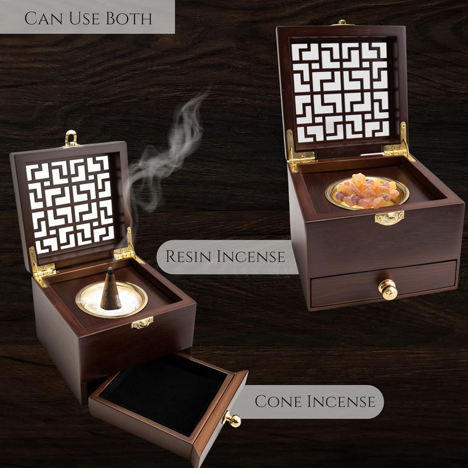Nazareth Store Wood Incense Holder with Brass Inlays