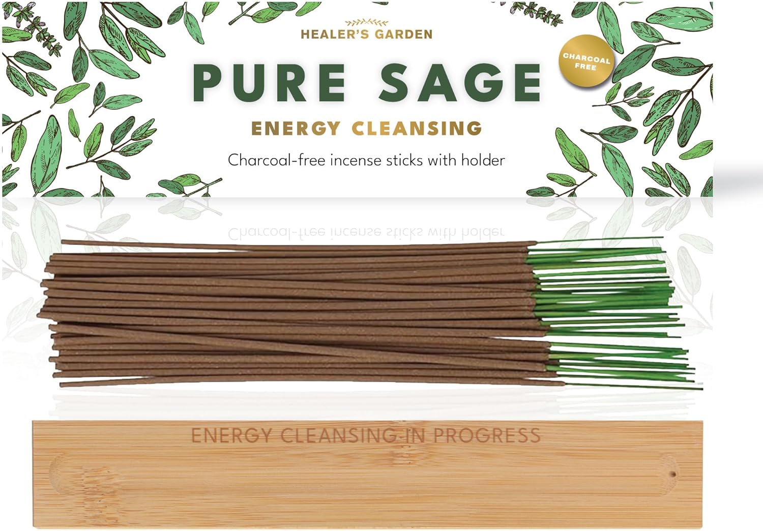 Premium Sage Incense Sticks with Engraved Wood Holder - 30 Sticks Charcoal Free Safe for Energy Cleansing