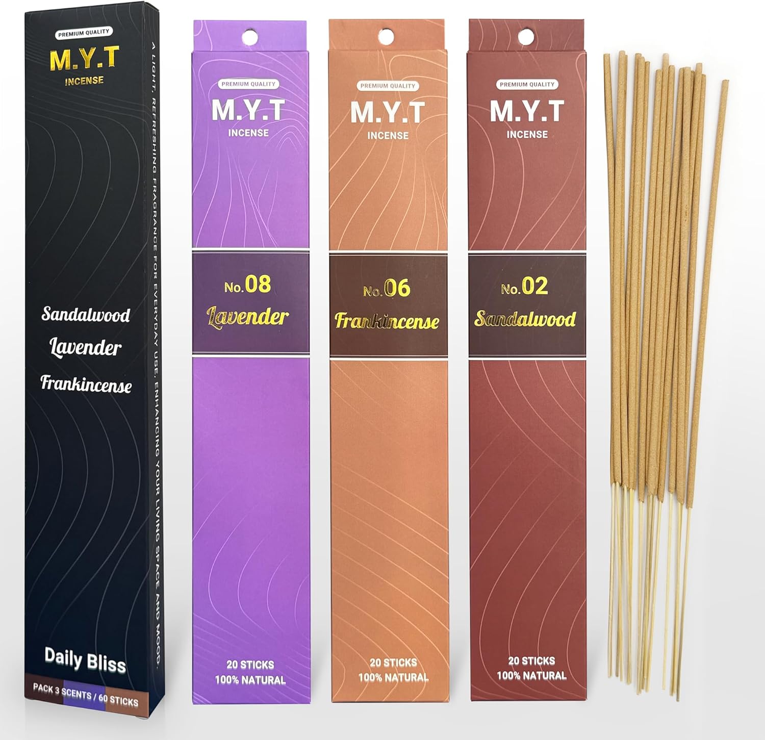 MYT Natural Incense Sticks Lavender Sandalwood Frankincense 60 Sticks Long Lasting