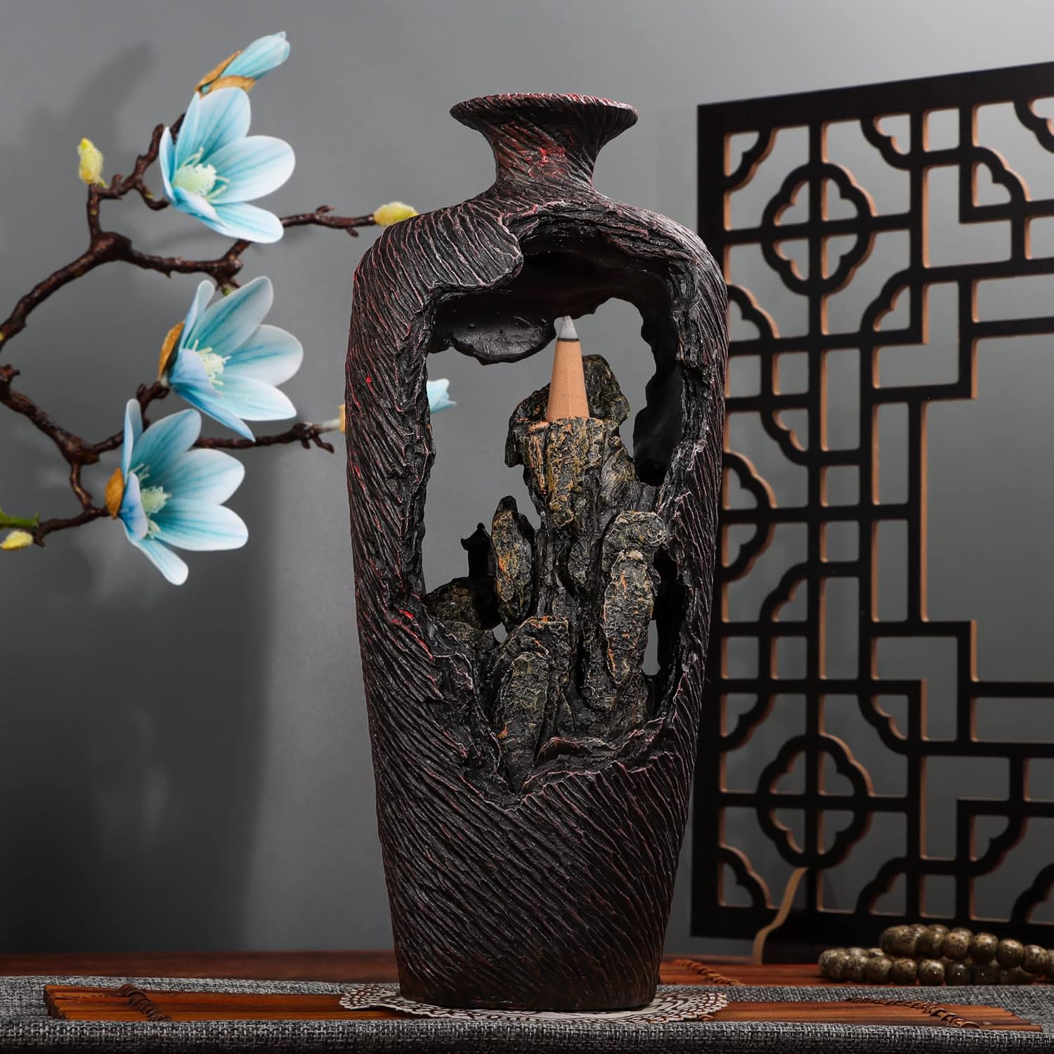 Mountain Waterfall Incense Burner with 20 Cones Tweezer and Mat