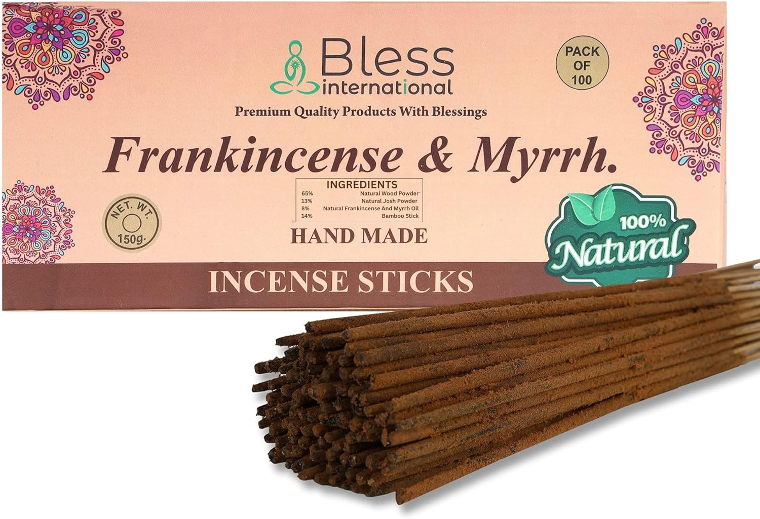 Bless Frankincense and Myrrh Natural Hand Dipped Incense Sticks 100 Sticks