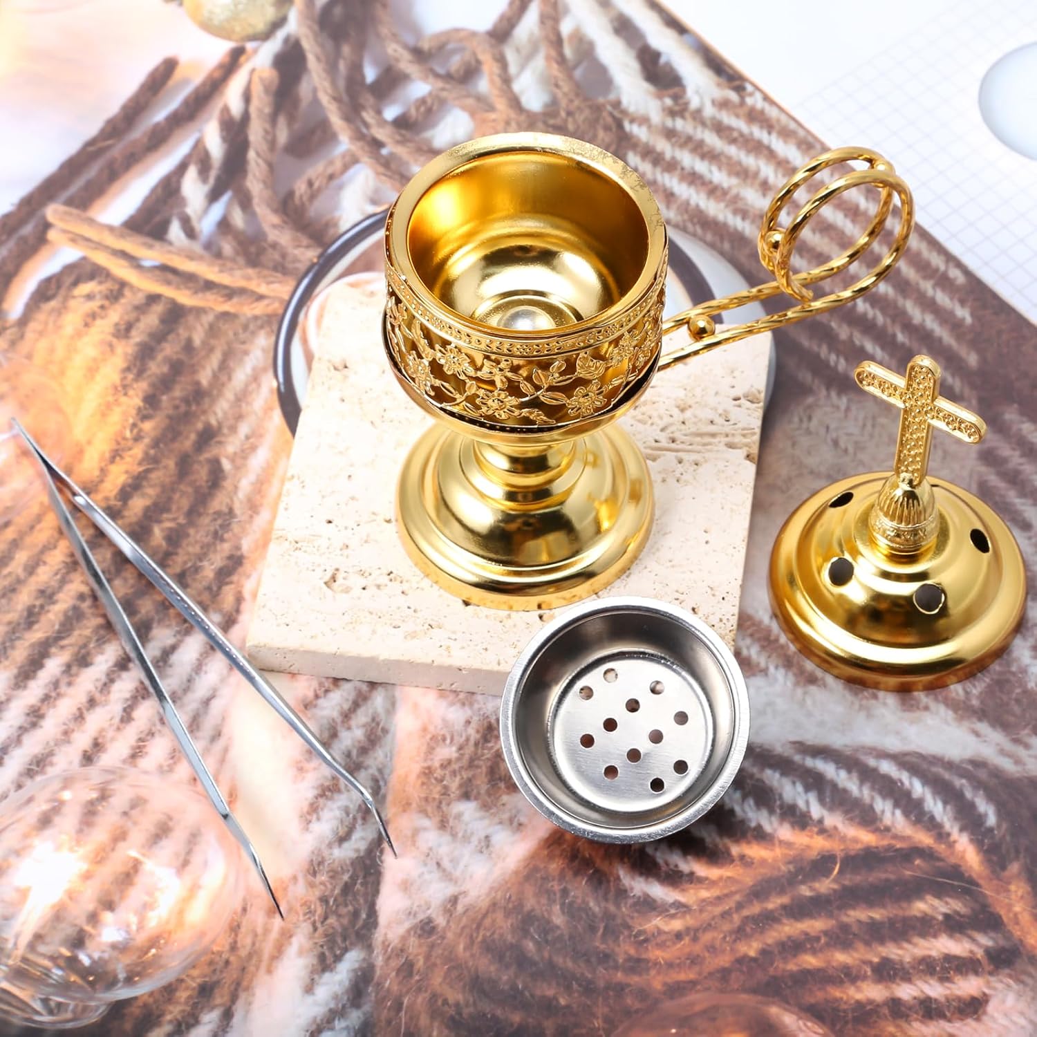 Yawlsow Gold Incense Burner with Cross Design