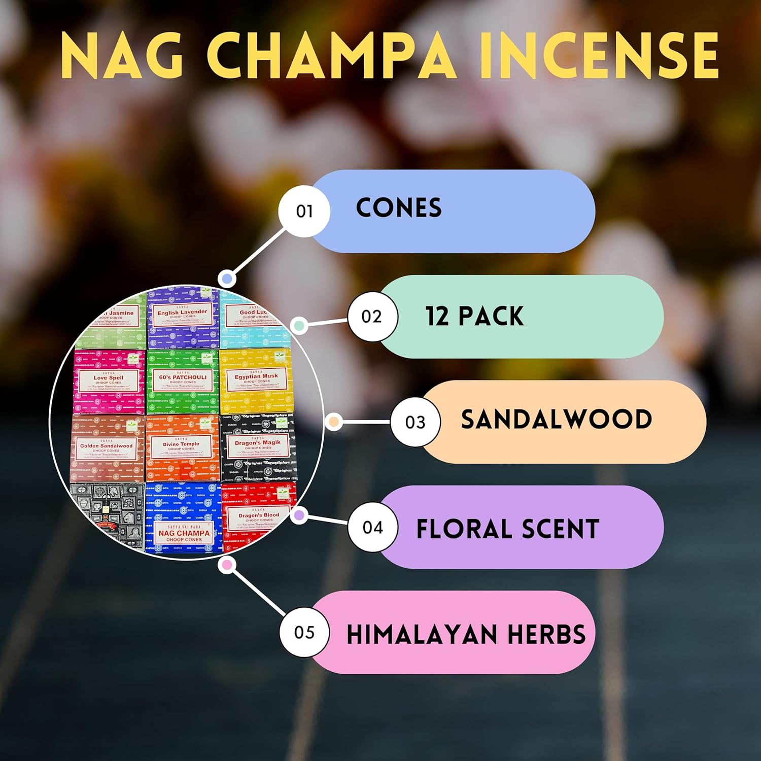 12 Pack Satya Sai Nag Champa Incense Cones Natural Scent for Meditation and Home Aromatherapy