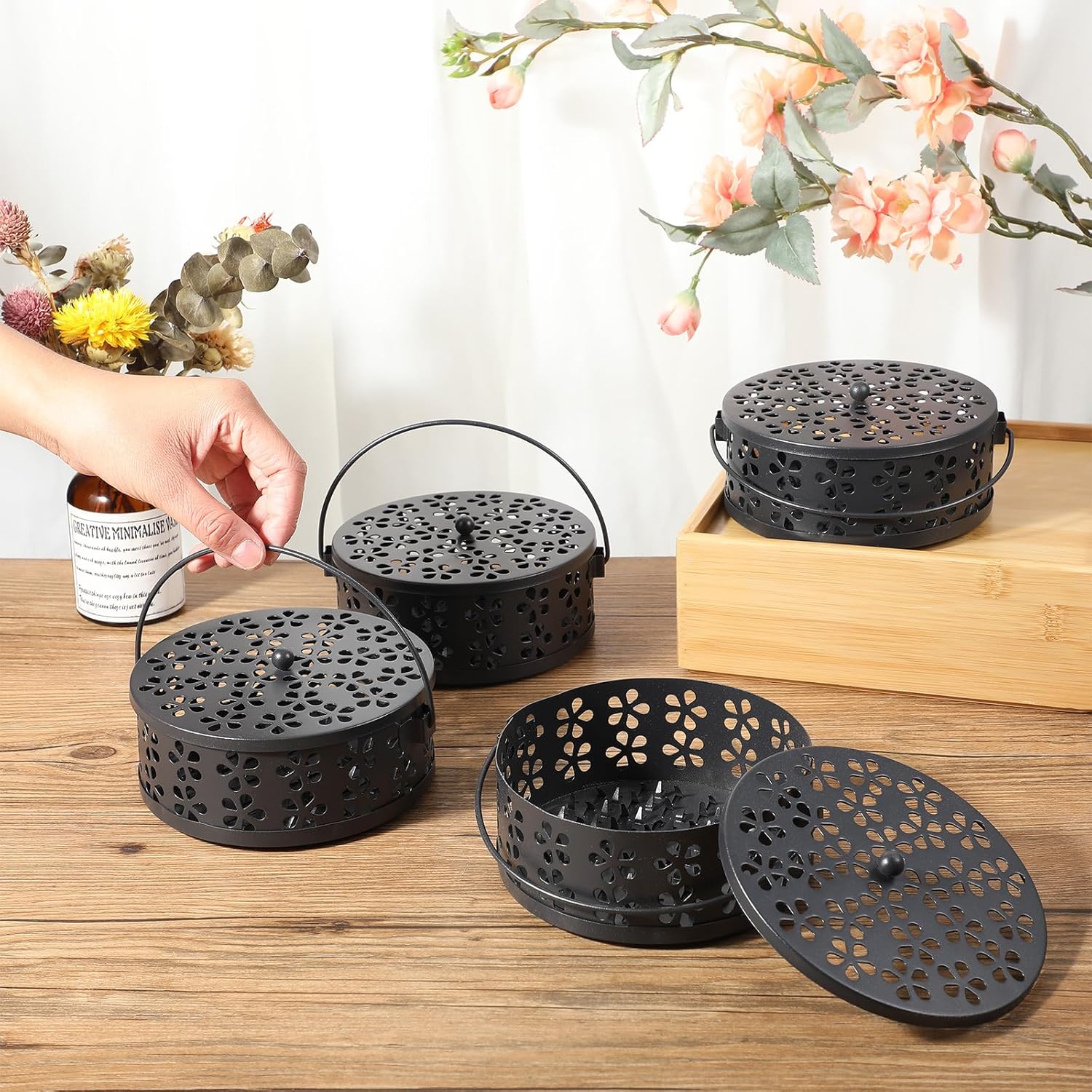 Tobeelec 4 Pcs Mosquito Coil Holder Outdoor Metal Incense Burner Holder with Handle Black Round Design