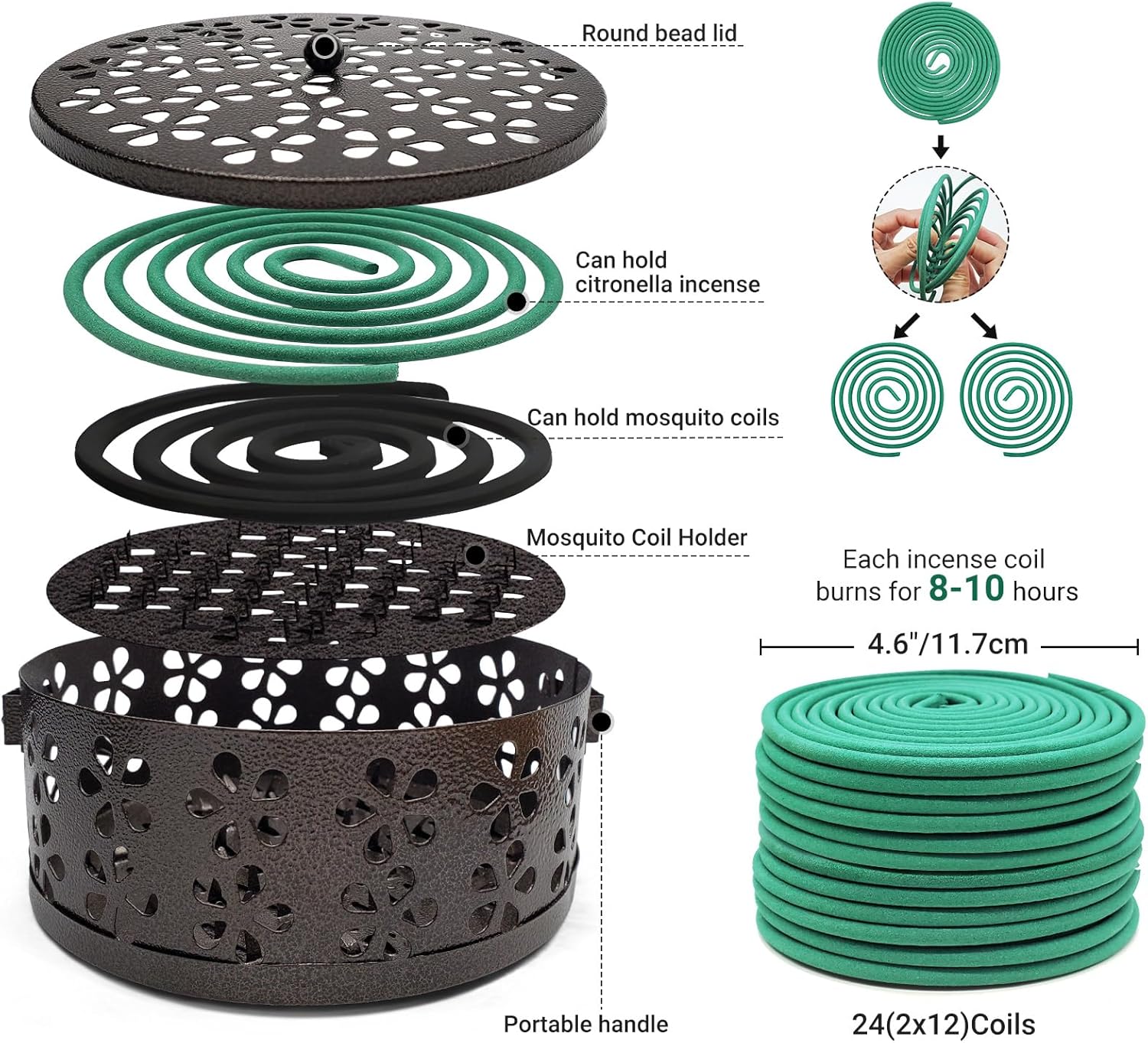 Mosquito Coil Holder with 24 Citronella Coils Portable and Indoor Outdoor Use