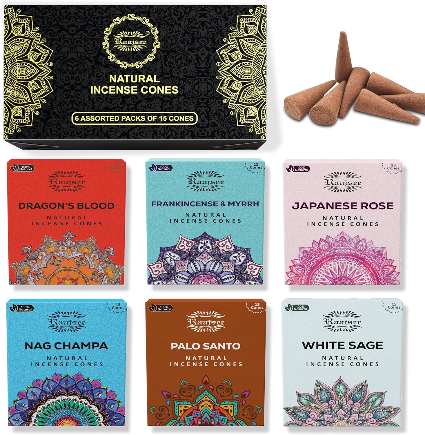 Raajsee Natural Incense Cones Variety Pack 6x15 1