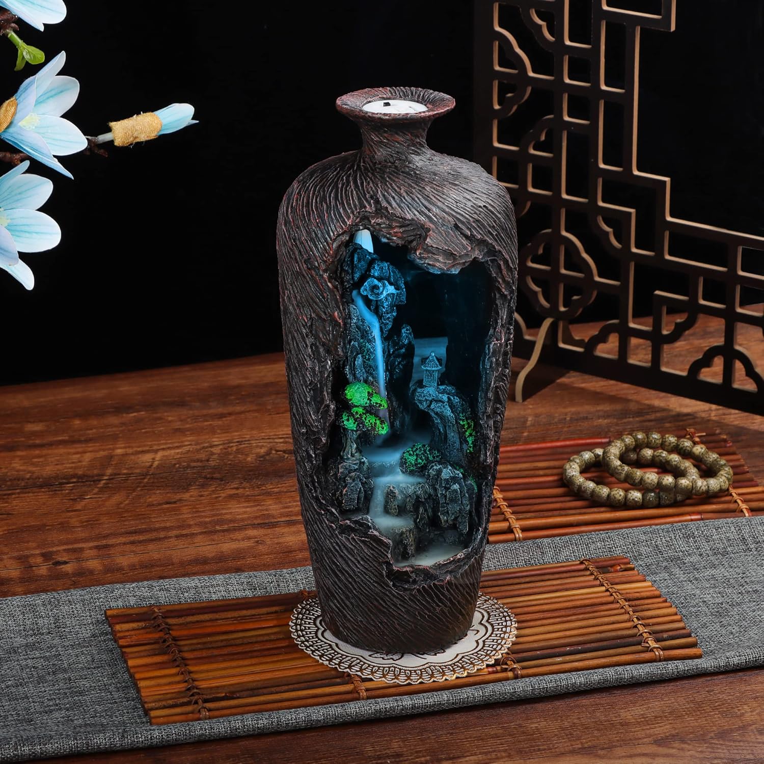 Mountain Waterfall Incense Burner with 20 Cones Tweezer and Mat