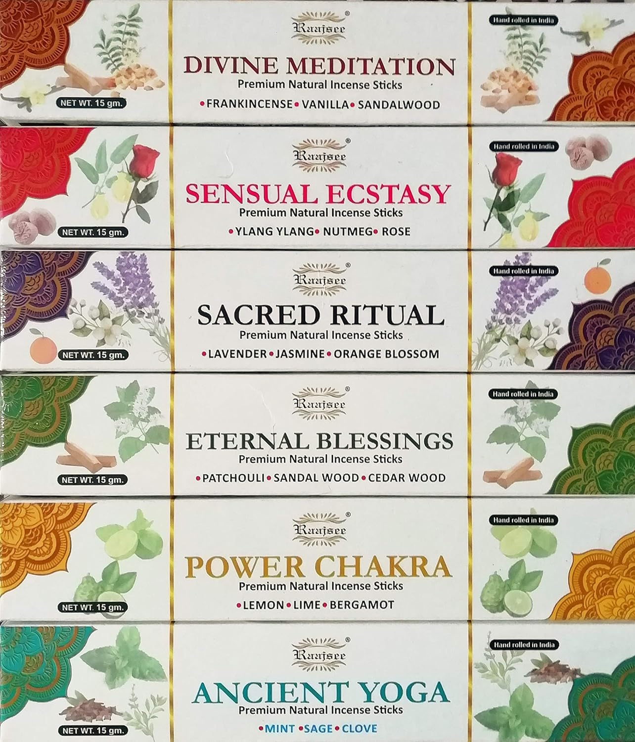 Raajsee Natural Incense Sticks 6 Pack Mixed Scents Gift Set