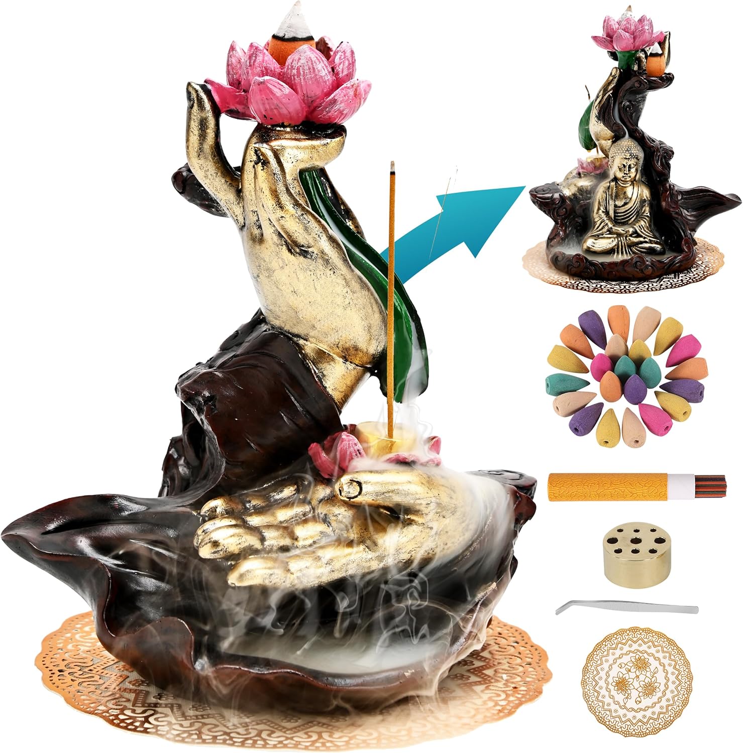 Waterfall Incense Burner with Lotus Design