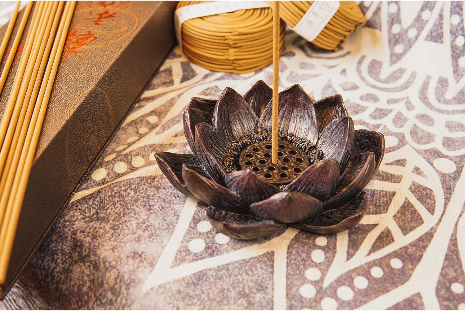 Lotus Incense Burner and Votive T-Light Candle Holder for Meditation and Buddha Decor