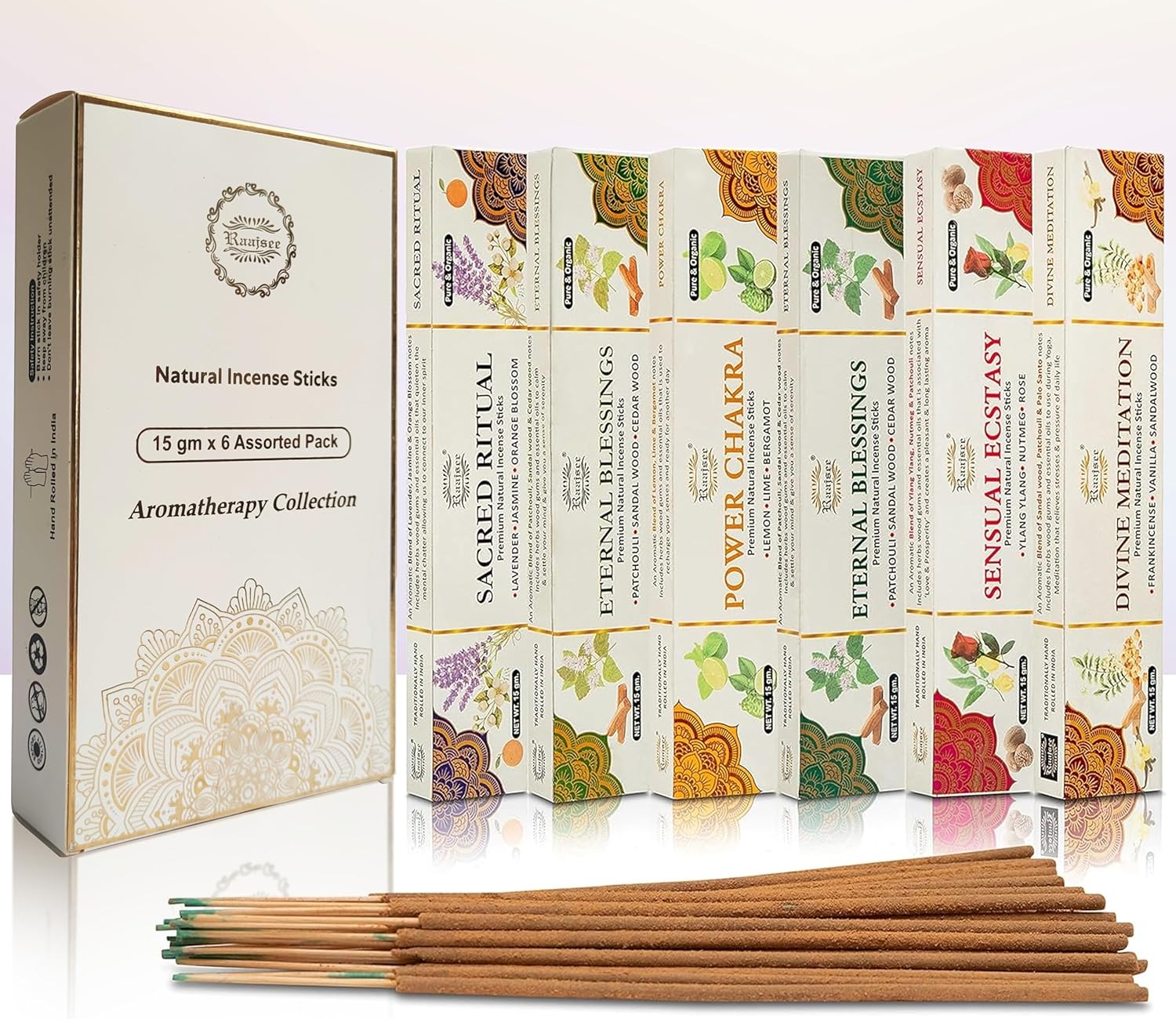 Raajsee Natural Incense Sticks 6 Pack Mixed Scents Gift Set