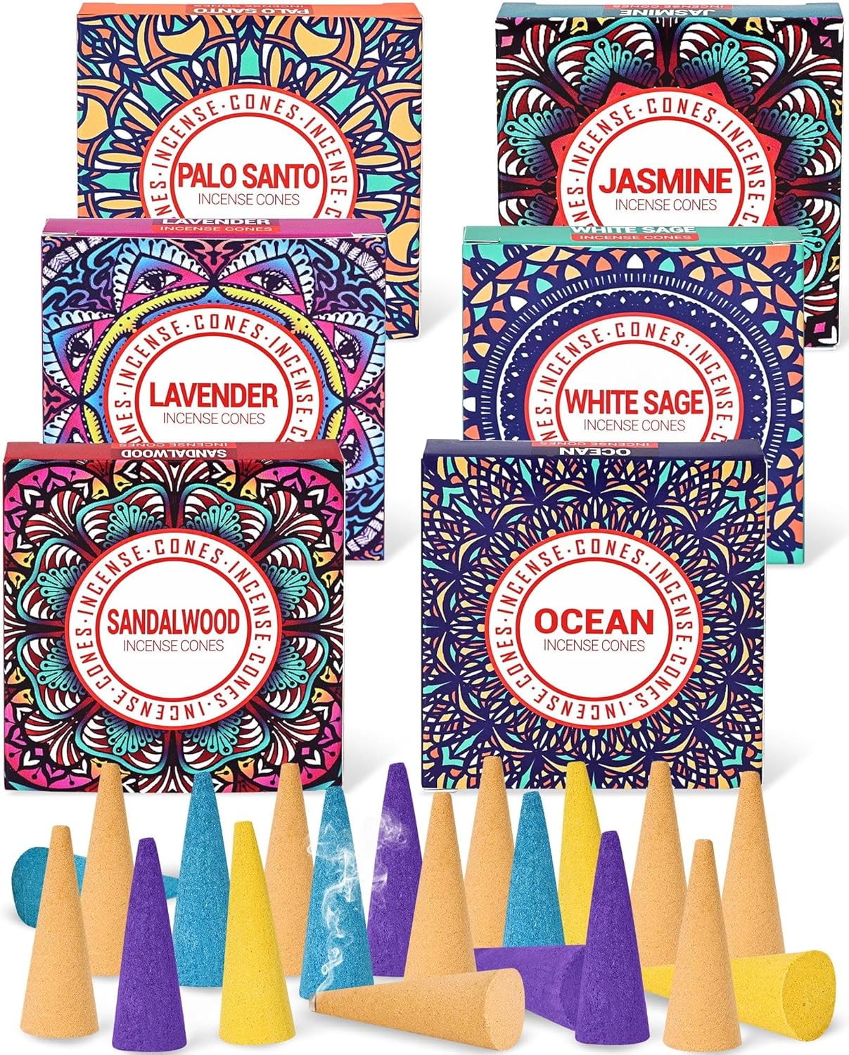 Incense Cones Set - Lavender Jasmine Sandalwood Palo Santo Rose White Sage