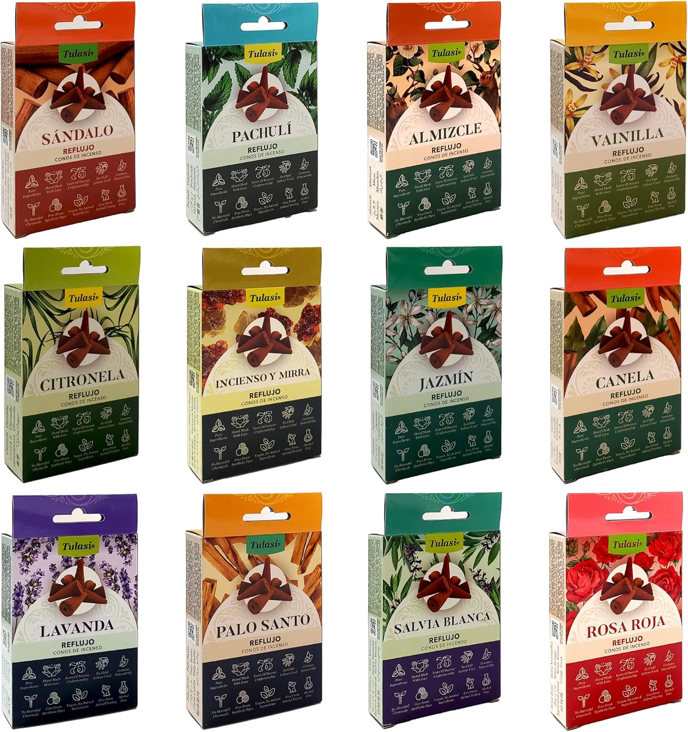 Tulasi Backflow Incense Cones Set of 12 Fragrances 120 Cones