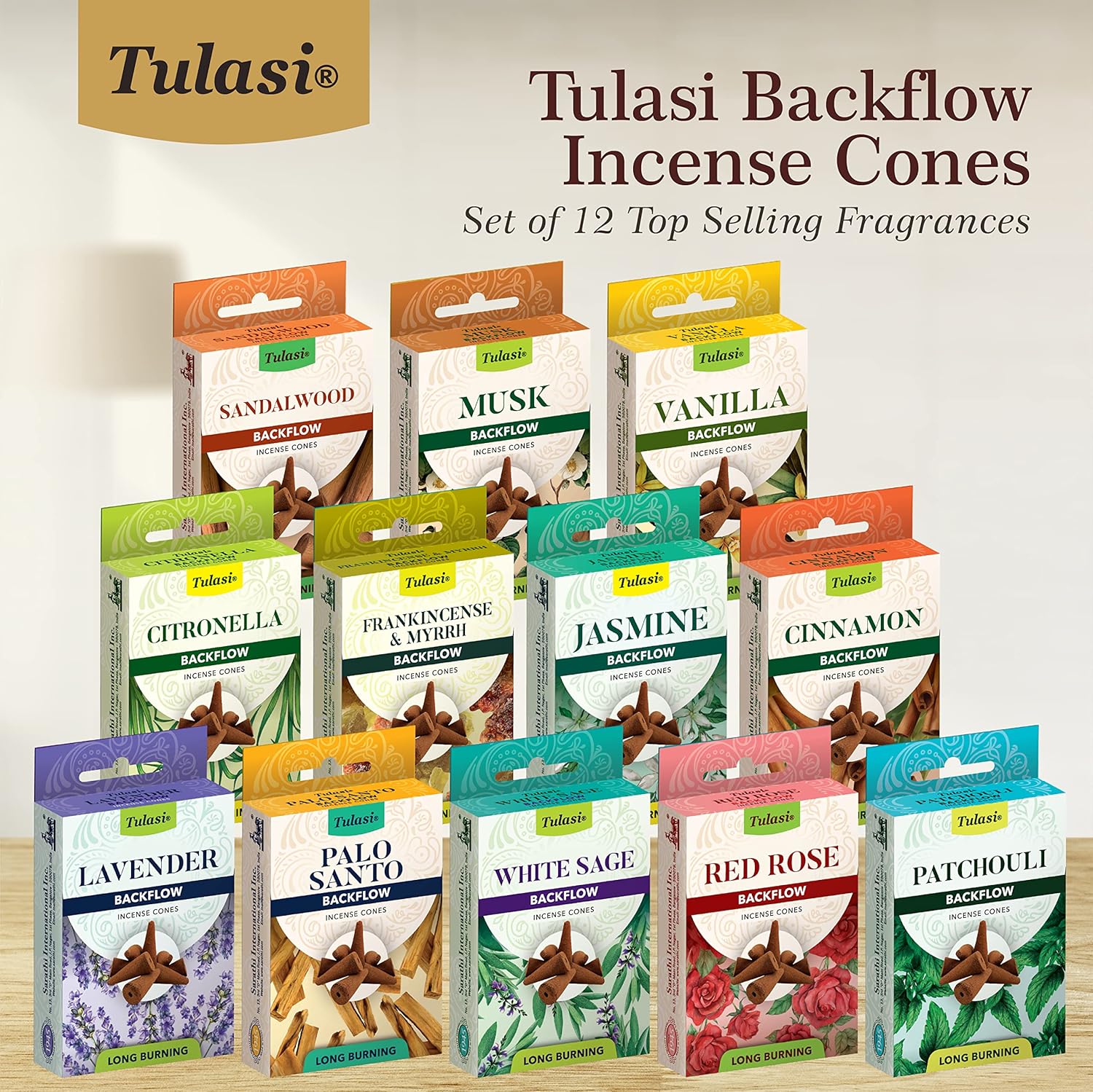 Tulasi Backflow Incense Cones Set of 12 Fragrances 120 Cones