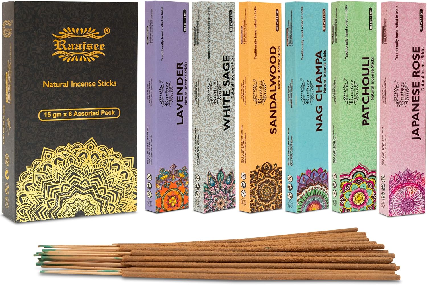 Raajsee Natural Incense Sticks 6 Pack Mixed Scents