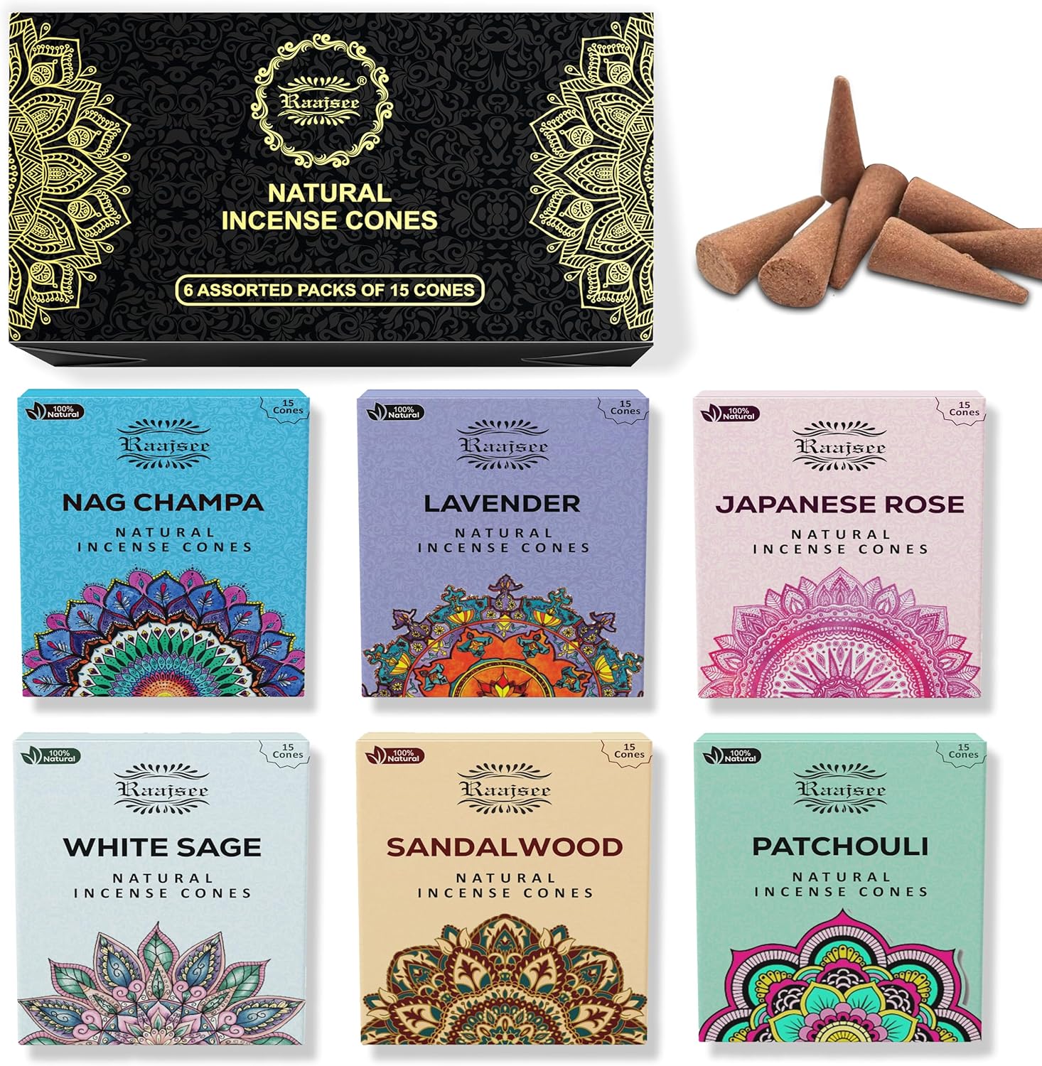 Raajsee Natural Incense Cones Variety Pack 6x15