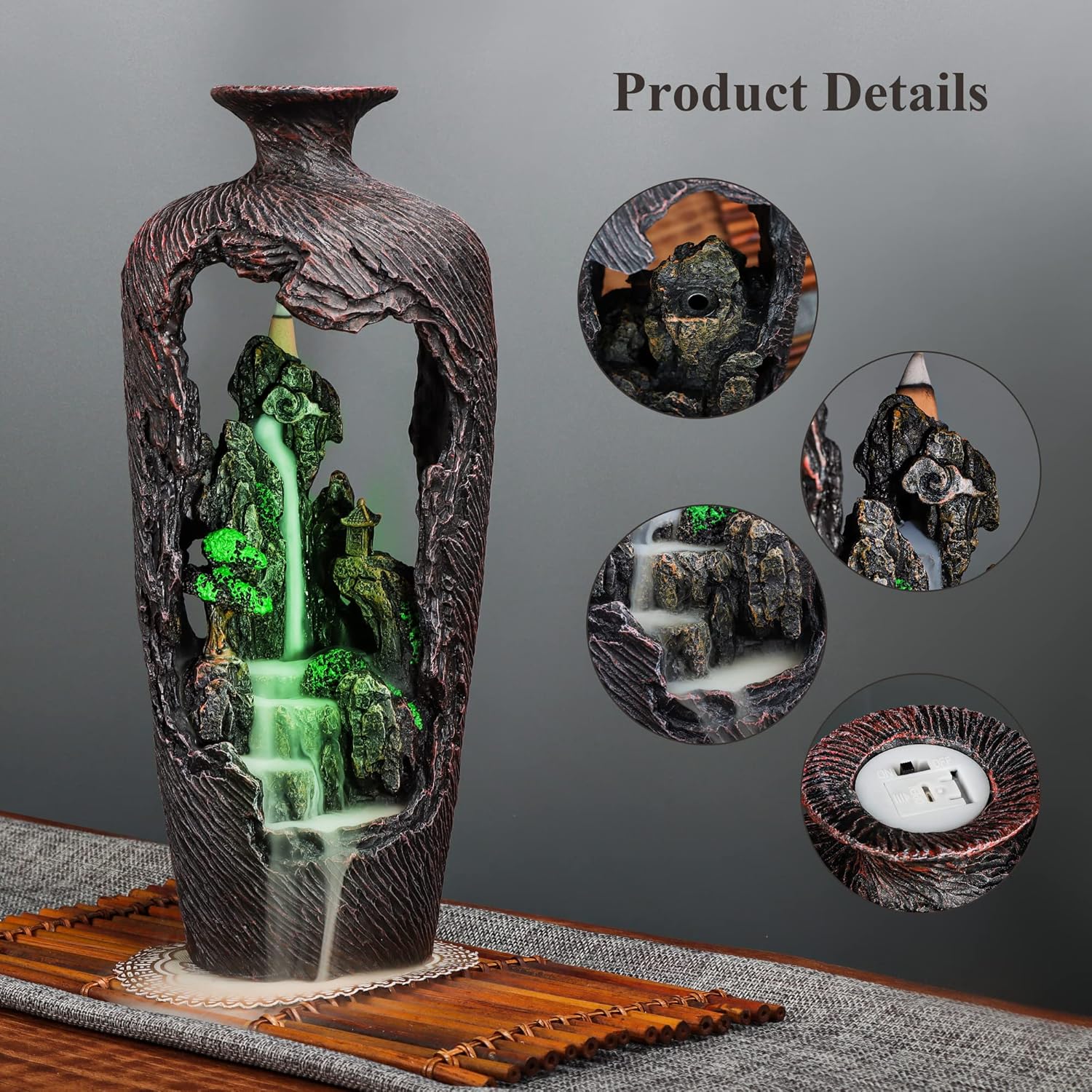 Mountain Waterfall Incense Burner with 20 Cones Tweezer and Mat