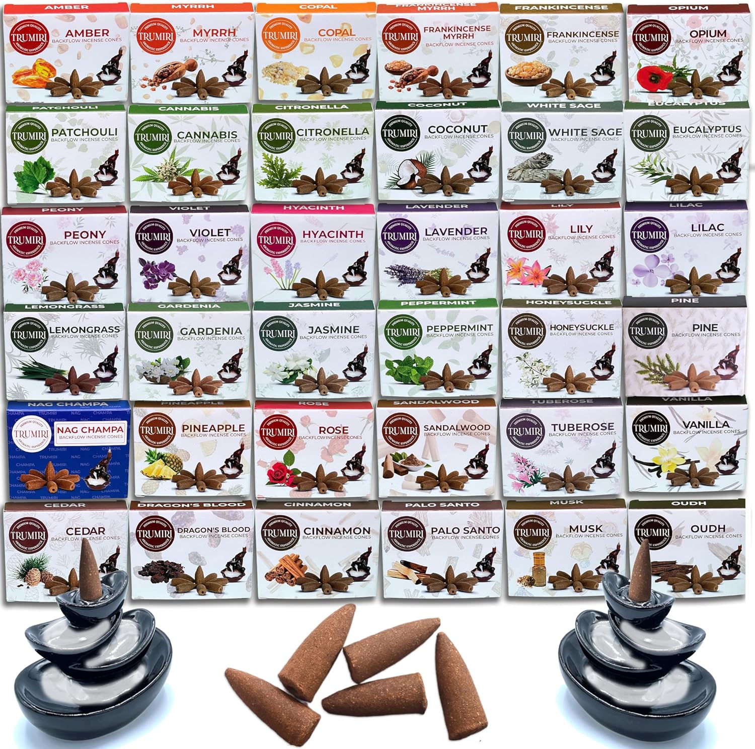 Trumiri Backflow Incense Cones for Waterfall Fountain - 12 Scents - 10 Cones Each - 120 Total