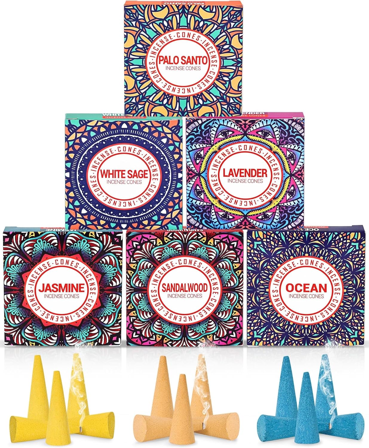 Incense Cones Set - Lavender Jasmine Sandalwood Palo Santo Rose White Sage