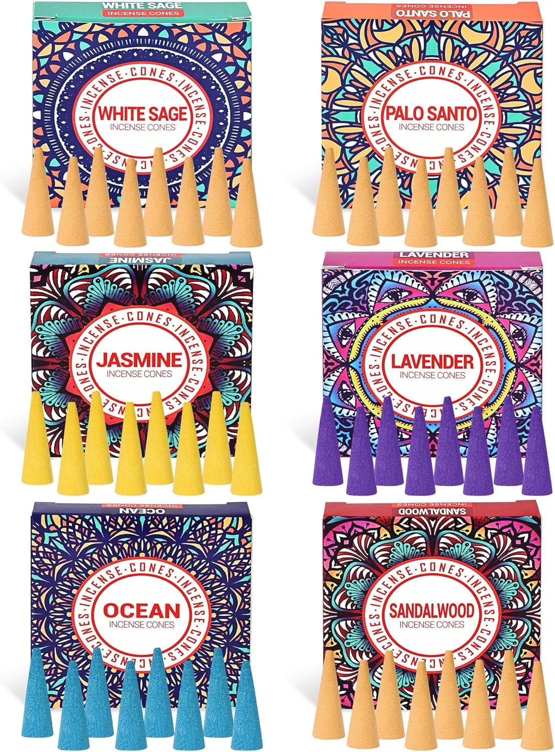 Incense Cones Set - Lavender Jasmine Sandalwood Palo Santo Rose White Sage
