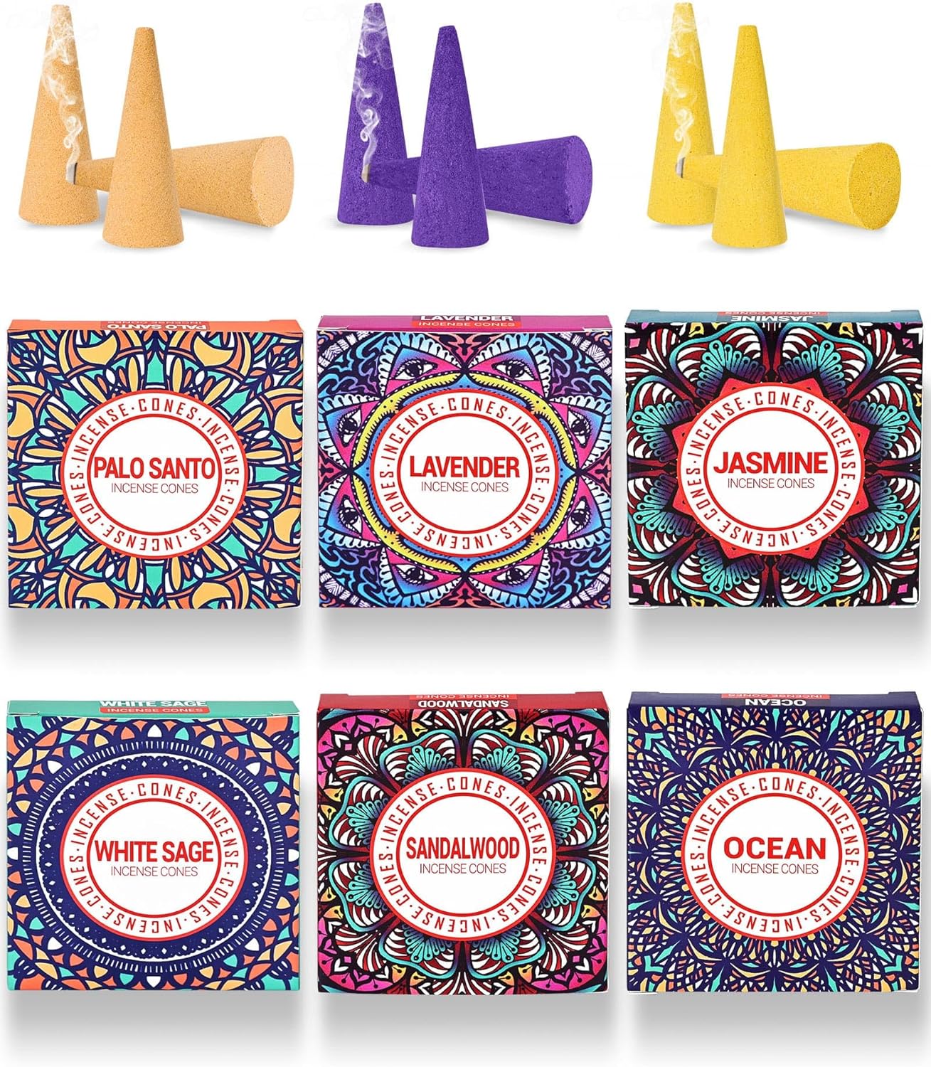 Incense Cones Set - Lavender Jasmine Sandalwood Palo Santo Rose White Sage