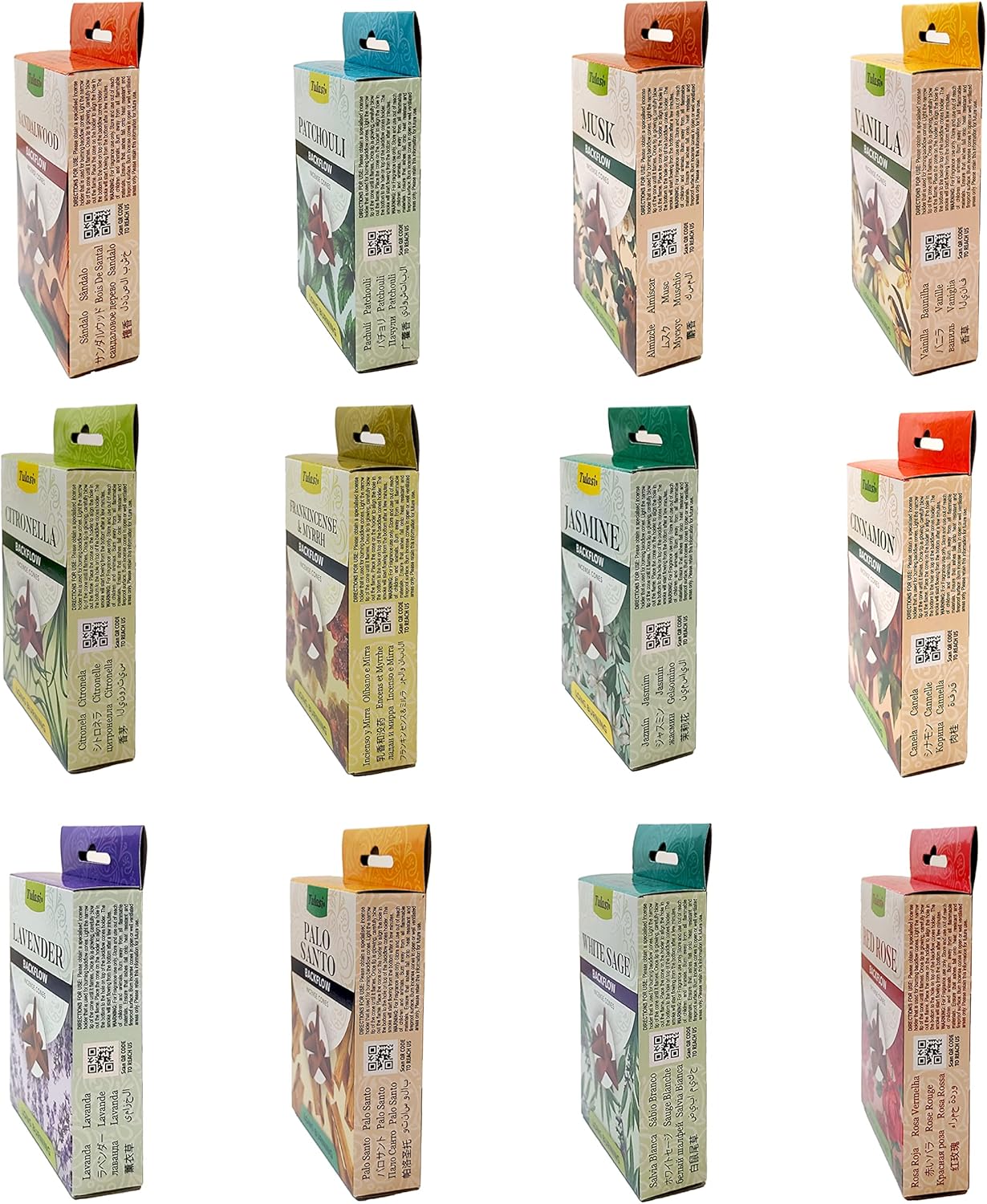 Tulasi Backflow Incense Cones Set of 12 Fragrances 120 Cones