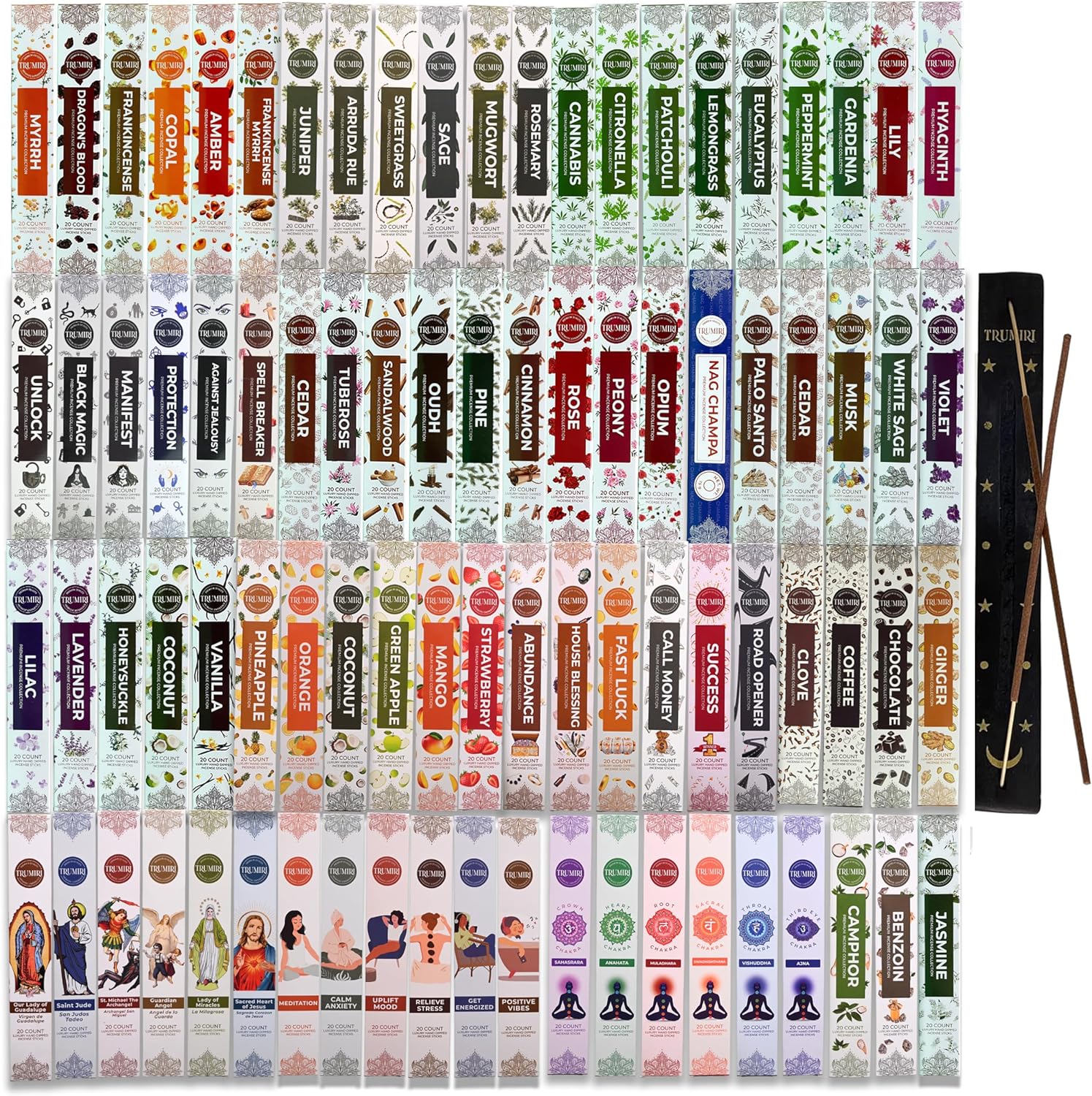Trumiri Incense Sticks 12 Variety Pack with Holder Burner