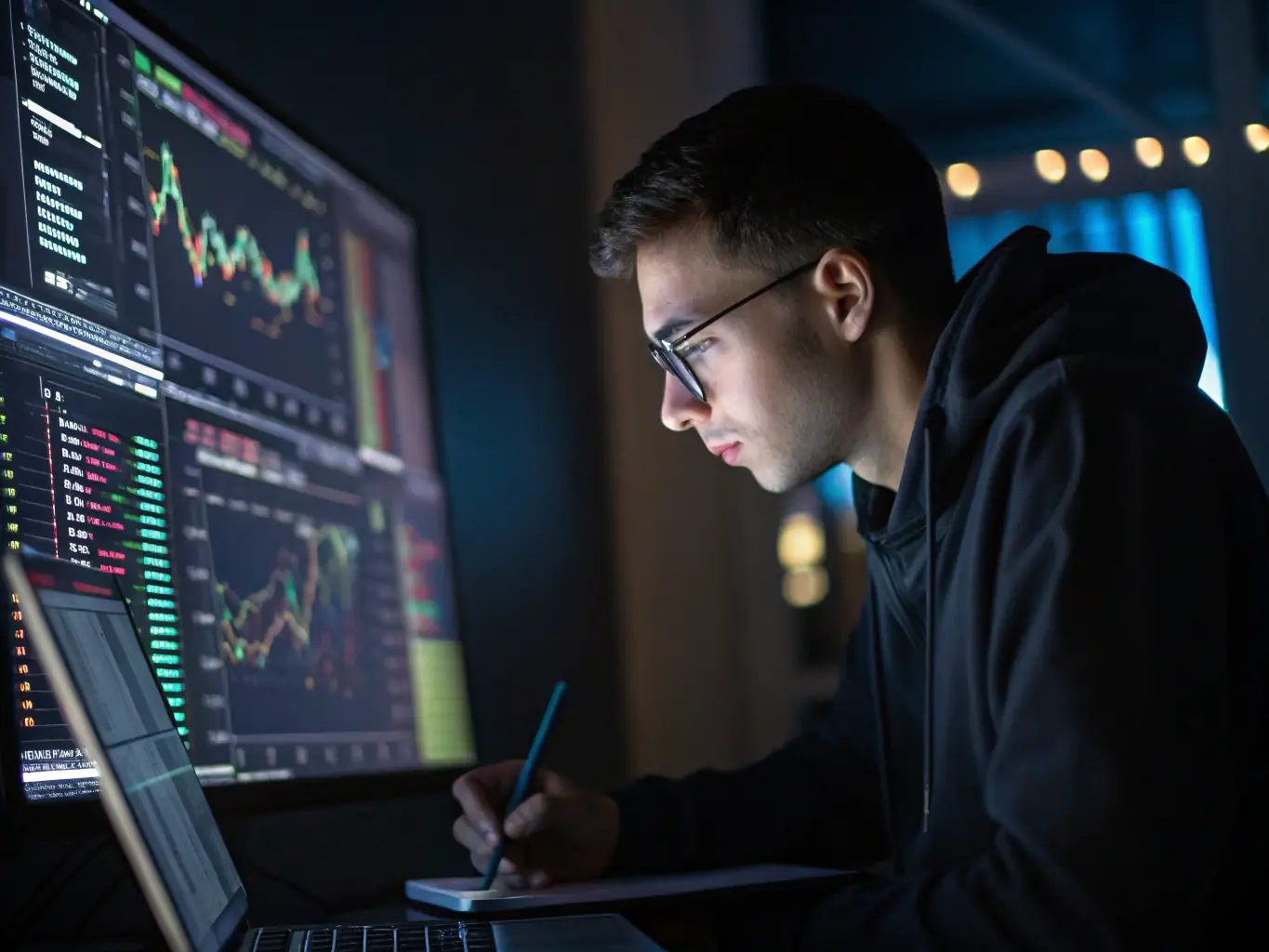 A cybersecurity expert is analyzing network traffic on a computer screen, with various security protocols and data visualizations displayed.