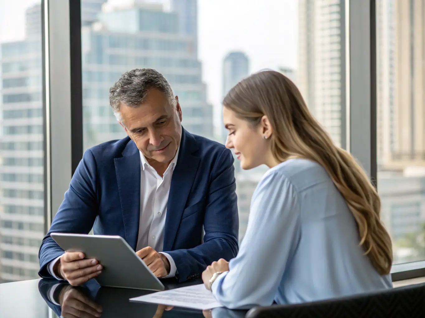 A professional consultant is advising a client in a modern office setting, discussing cloud migration strategies with diagrams on a screen in the background.