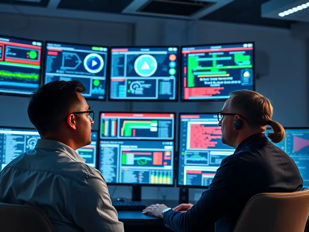 An image depicting cybersecurity experts monitoring systems and analyzing data, highlighting the proactive approach to threat detection.